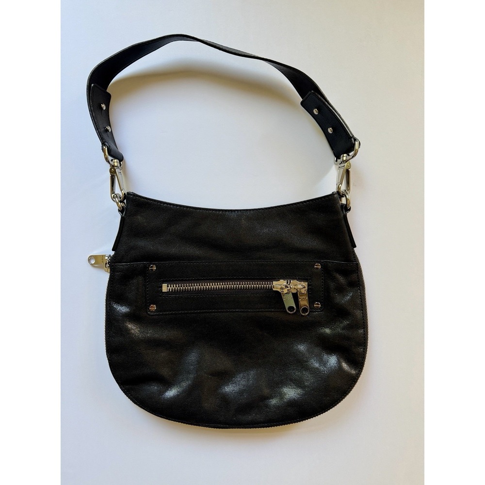 MILLY Black Leather Hobo Bag Expandable Bottom Silver Zip Shoulder Bag NWOT